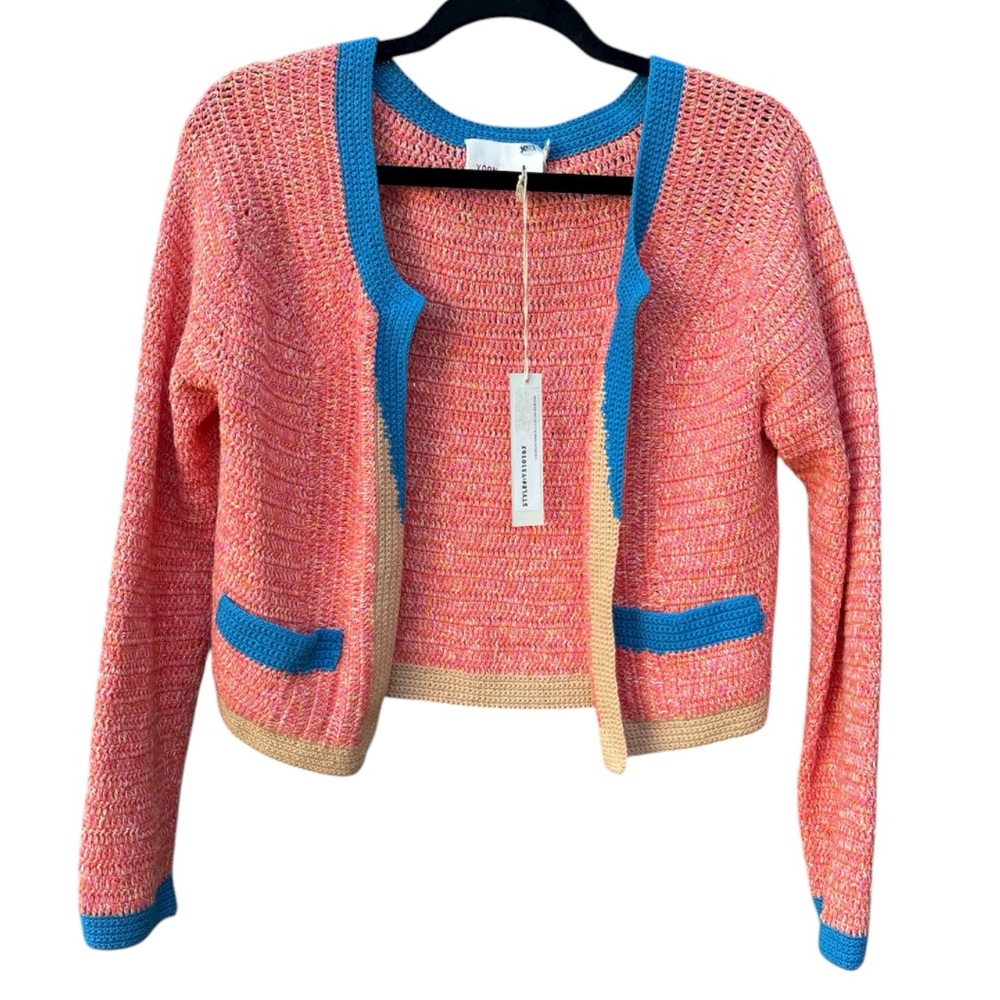NWT Yoon Coral and Ocean Blue Women's knit Cardigan. Size Medium